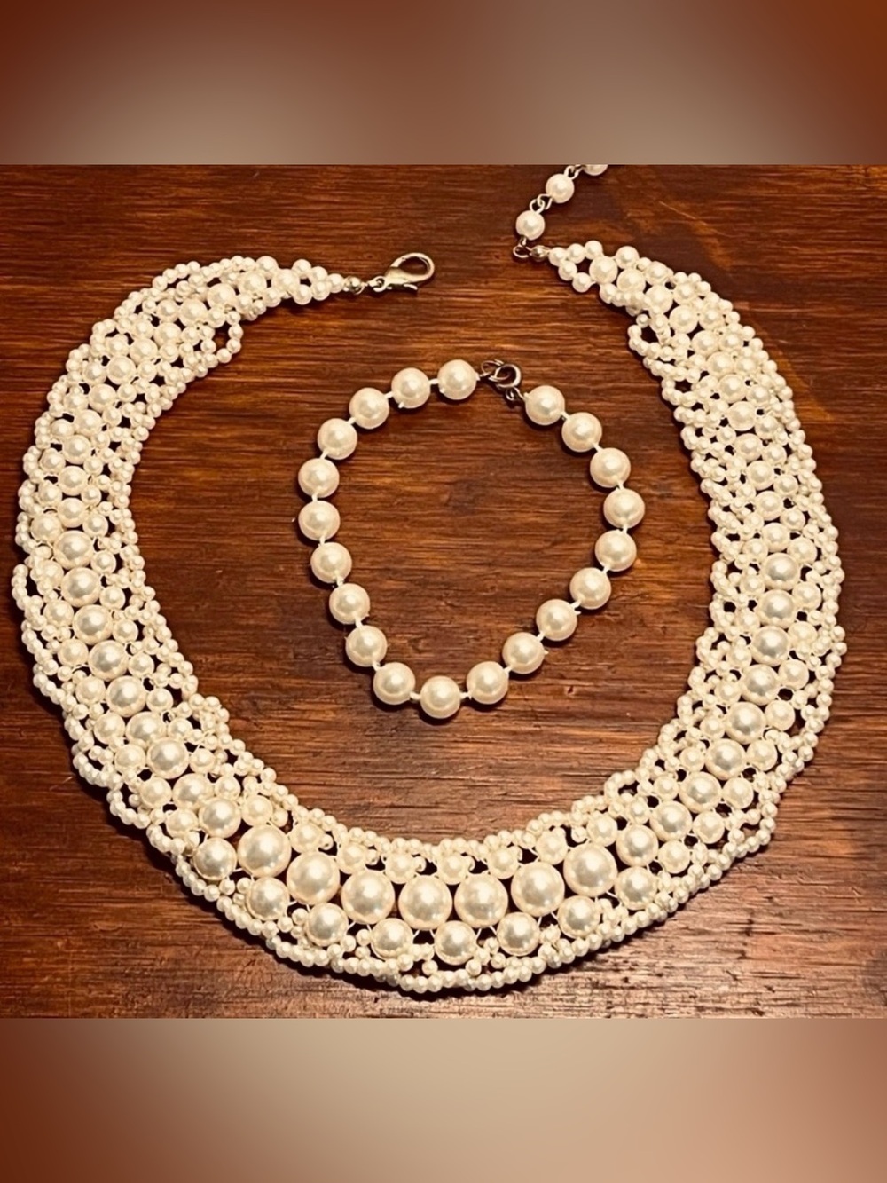 Vintage Faux Pearl Bib Necklace & Bracelet Set Ivory Multi Strand